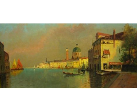 Framed C20th Oil on Canvas Venetian Scene with gondolas to foreground, St Mark's cathedral & clock tower, signed Francois, ap