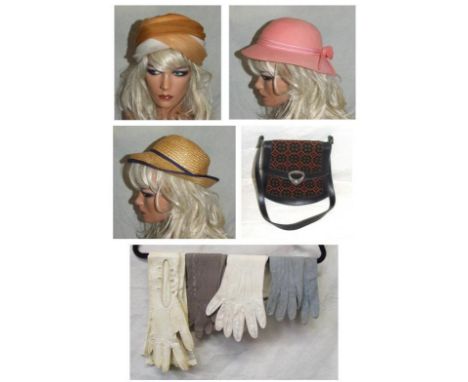 3 Vintage Hats: Kangol pink felt, Bill Horsman woven straw, Unnamed gold buckram with chiffon trim, Welsh Blanket Bag & 4 Pai