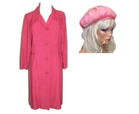 Ladies Vintage Cresta Couture Cerise Pink Coat/Dress, approx. size 10/12 & Pink Silk Hat (2) 