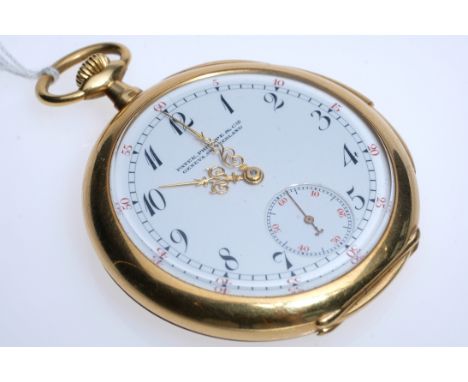 Patek Philippe Taschenuhr Gelbgold 750, Gehäuse 750 Gelbgold, Rückseite monogrammiert, Rückdeckel mit Marke und 18ct Punzieru