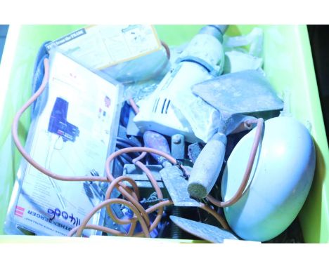 Box of mixed tools including electric jigsaw and drill. Not available for in-house P&amp;P. 