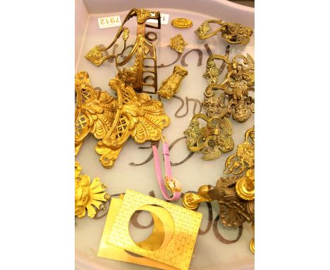 Regency period and later brass and ormulu mounts, handles and a candlestick support. P&amp;P Group 3 (£25+VAT for the first l