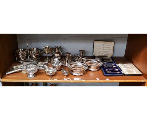 A group of silver and silver plate including, cased silver tea knives and teaspoons, a pierced silver bon bon dish, two silve