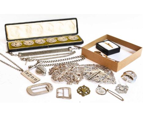 A Collection of assorted silver objects of vertu, including: a cased set of buttons; two differing silver buckles; various ch