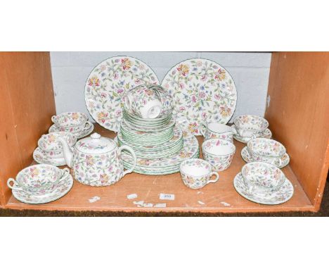 Minton Haddon Hall pattern part dinner and tea service including, six boullion bowls and stands, teapot, milk jug and sugar b