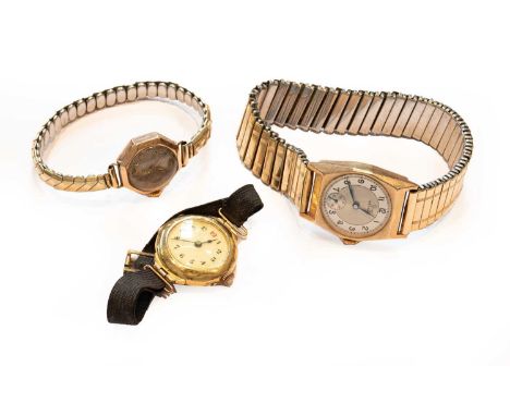 A gents 9 carat gold tonneau shaped Record wristwatch, a lady's 18 carat gold enamel dial wristwatch and a lady's 9 carat gol