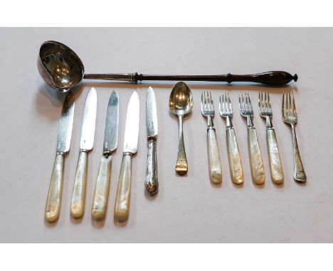 A collection of assorted silver flatware, including: a George II silver-mounted turned-wood toddy-ladle; four pairs of mother