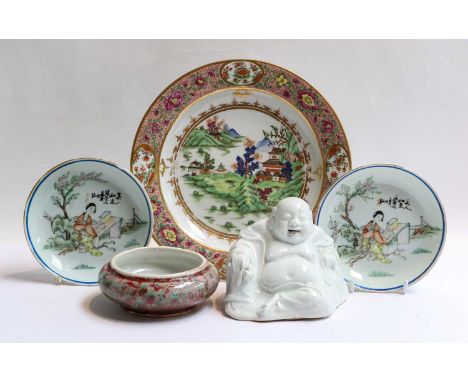 A Chamberlain's Worcester plate painted with a chinoiserie landscape, together with a Chinese blanc de chine figure of a seat