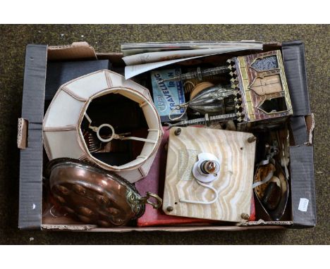 A box of assorted items including a novelty tablelamp formed as a mosque, various early 20th century ivory and bone items, tw
