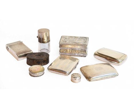 A collection of assorted silver boxes, comprising: two silver cigarette-cases; an oblong engine-turned box; an oblong snuff-b