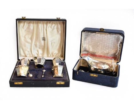 A Cased George VI Silver Condiment Set, by Elkington and Co., Birmingham, 1947, each piece tapering faceted, comprising: a pa