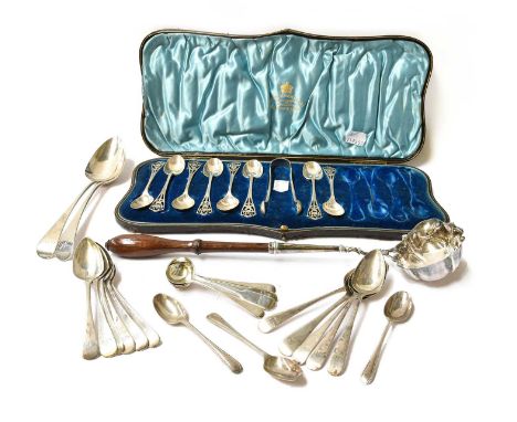A collection of silver flatware, including: a George II silver-mounted turned-wood toddy ladle, 33.5cm long; a part cased set
