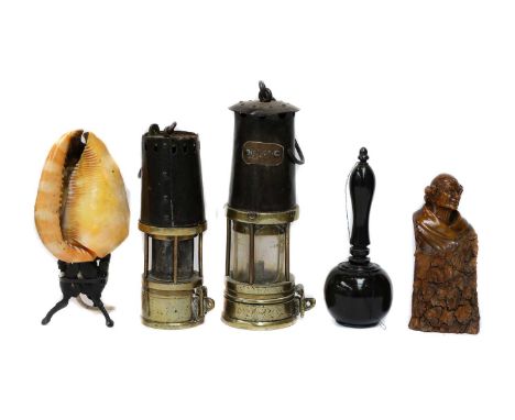 A Johnson, Clapham &amp; Morris miners safety lamp, another marked MHC &amp; Co. together with an ivory mounted monocular, vi