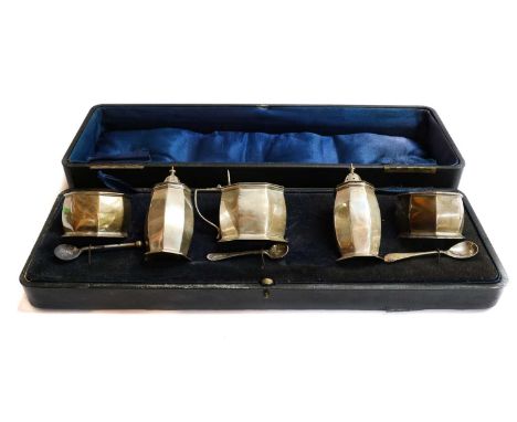 A collection of assorted silver, including: a George V silver five-piece condiment-set, Chester, 1916, in fitted case; two ca