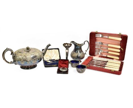 A quantity of costume jewellery including a Scottish hardstone brooch, silver including a cased set of teaspoons, and silver 