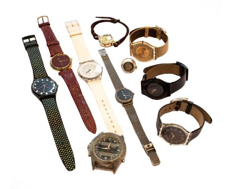 An enamel ball pendant watch, five Swatch wristwatches; and four further wristwatches