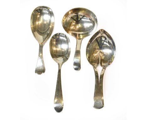 Three George III Silver Caddy-Spoons, London, 1790, London, 1808 and London, 1799, one with bifurcated handle, engraved with 