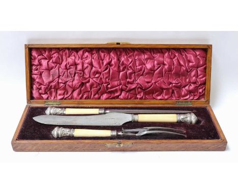 A collection of assorted silver and silver plate, including: a Victorian cased carving-set, by Pearce and Sons, with silver a