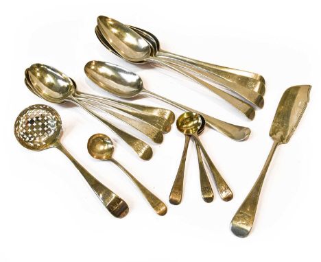 A Collection of George II and Later Flatware, Various Makers and Dates, Old English or Hanoverian pattern, variously engraved