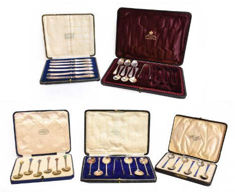 A collection of assorted cased items of silver cutlery, including, two sets of enamelled teaspoons, tea knives and other item