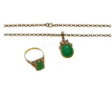 A jade type pendant on an 18 carat gold chain; and a jade type ring, stamped '750', finger size OCondition report: The pieces