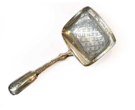 A George III Silver Caddy-Spoon, by Joseph Willmore, Birmingham, 1817, with Fiddle pattern handle, the bowl oblong and engrav