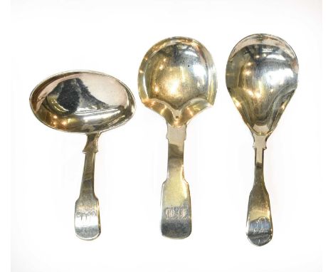 Three George III or Victorian Silver Caddy-Spoons, London, 1812, London, 1816 and Birmingham, 1841, each Fiddle pattern, with