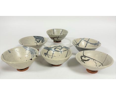 A set of six Japanese inspired ramen pottery bowls by Caroline Carolla circa 1950-60 with light grey and blue glazed design. 