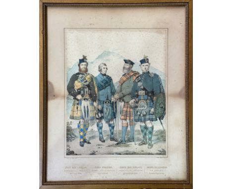 After K Macleay RSA . 19thc print of four Clansmen highllighted with colour, in gilt glazed frame. (51cm x 40cm)