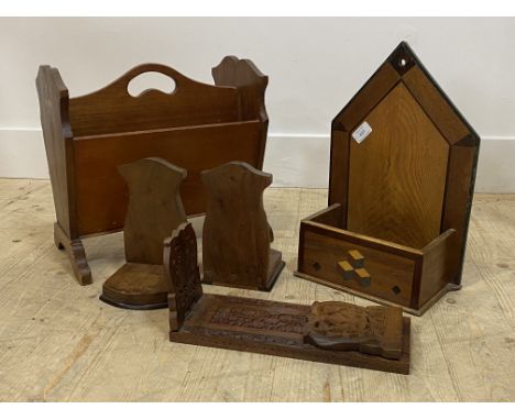 A group lot of treen to include; a one division inlaid walnut canterburry; an inlaid oak candle type box; two pairs of booken