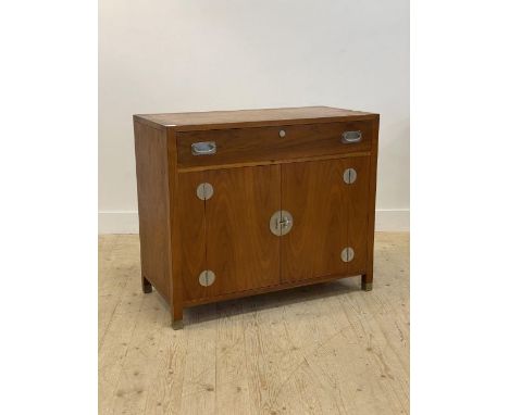 Heritage Henridon, a Chinese style pecan wood side cabinet, the panelled top over frieze drawer and twin cupboard doors openi