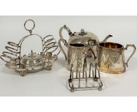 A collection of Epns including a engraved morning tea pot with pumpkin knop, an unusual toast rack of arched form with four g
