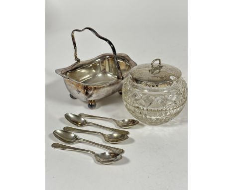 A crystal slice cut jam dish with Sheffield silver loop handled top, (10cm) a set of five bead handled tea spoons and a swing