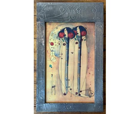 A Charles Rennie Mackintosh pewter framed print with tube lined decoration. (52cm x 32cm)