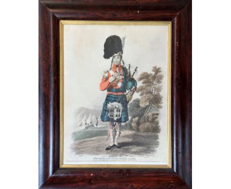 A 19thc print of The Highland piper George Clarke., highlighted with colour in faux rosewood moulded glazed frame. ( 40cm x 3