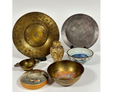 A collection of Eastern ceramics and metalware including a circular brass engraved dish (d .20cm) , a white metal scene engra