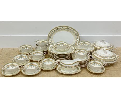 An Aynsley 'henley' part dinner service with swag border and gilt decoration comprising, twelve soup bowls (w- 17cm) and twel