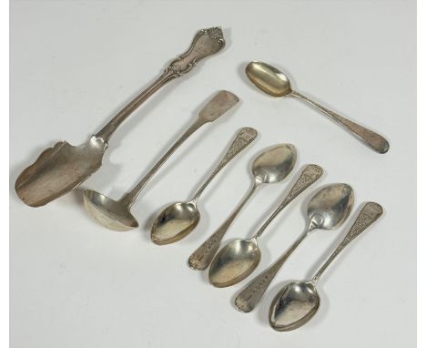 A set of five Victorian Glasgow silver engraved tea spoons plus one other , a Victorian silver serving spoon, (22.5cm) and a 