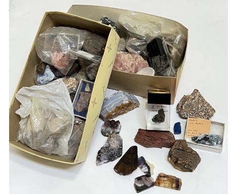 A large collection of mineral samples/gems (wide variety) comprising three boxes of large samples including quartz, agate, Be
