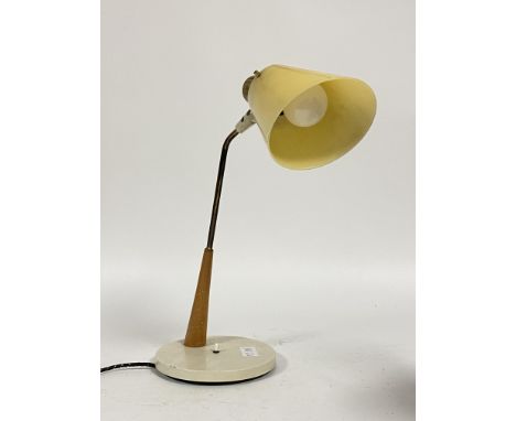 A Vintage mid century desk light, angular articulating conical shade on gilt metal stem and white circular base H47cm