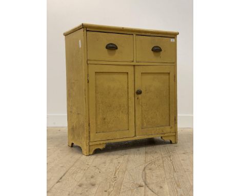 A Victorian painted pine side cabinet, fitted with two drawers over twin panelled cupboard doors opening to a shelf behind, r