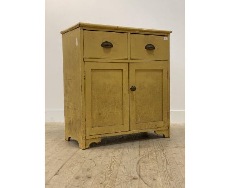 A Victorian painted pine side cabinet, fitted with two drawers over twin panelled cupboard doors opening to a shelf behind, r