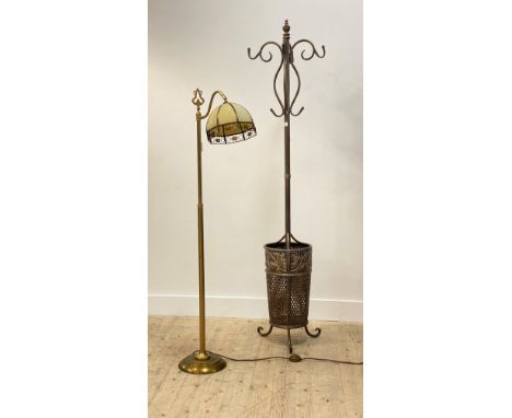 An Edwardian style gilt aluminium standard lamp with opeline glass shade (H149cm) together with an anodised aluminium hall st