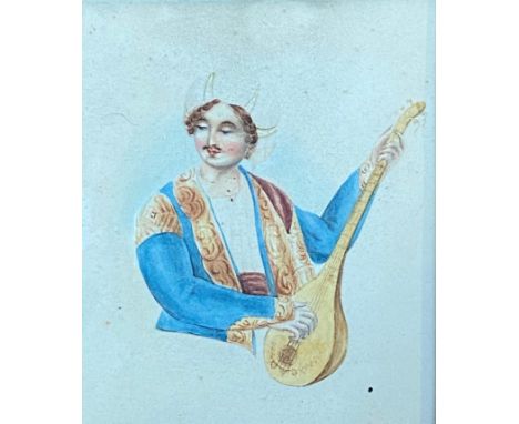 European school, 19th century, a Turkish Lute player, watercolour on paper, in a rosewood frame. (12cm x 10.5cm)