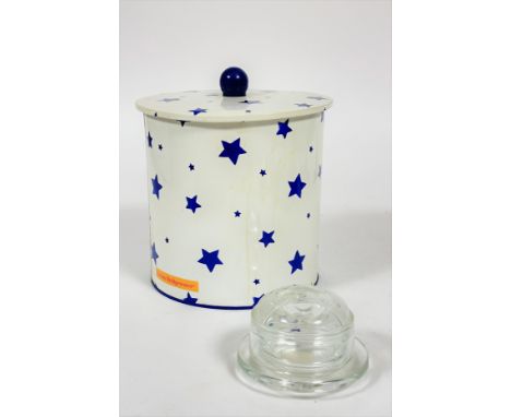 An Emma Bridgewater enamel cylinder storage container with cover decorated with blue star design, (h 21cm x d 19cm) and a gla