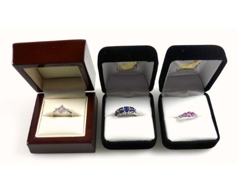 9ct white gold ring set diamonds, 0.3ct approx., stamped 9K &amp; 375, 1.8 grams; 9ct white gold ring set 8 blue and 5 white 