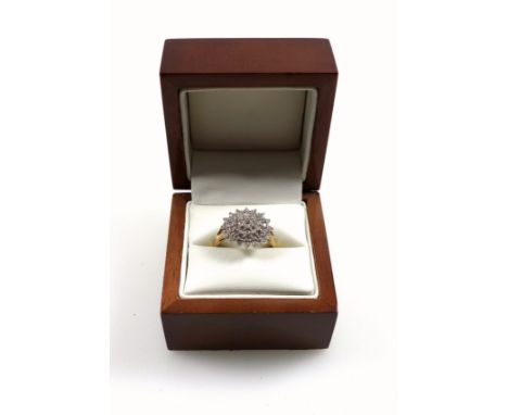 9ct cluster ring set diamonds, 0.75ct approx., size P, stamped 375, 3.1 grams, boxed 