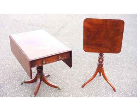 Victorian mahogany pembroke table with 1 short drawer and a simulated one opposite, on a turned baluster column and 4 splayed