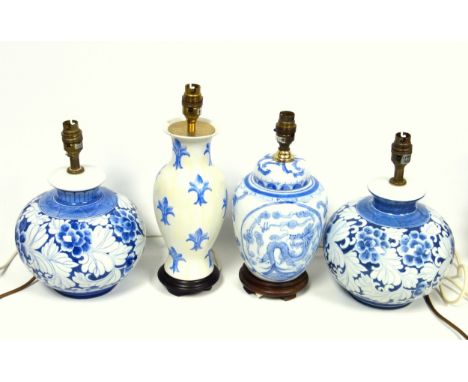 Pair of ceramic blue and white floral spherical table lamps, H.29.5cm, (1 a/f), baluster lamp, H.35.5cm, and a Chinese lamp w