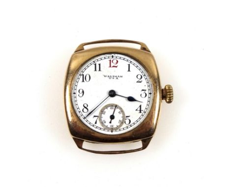 Waltham 9ct gold wristwatch with a circular white enamelled dial, Arabic numerals and a seconds dial, enclosing a side wind m